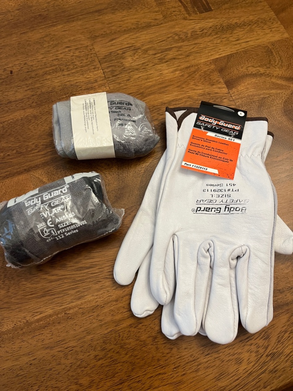 Body Guard Set of 3 Safety Gear Men’s White Leather Work Gloves/Kevlar